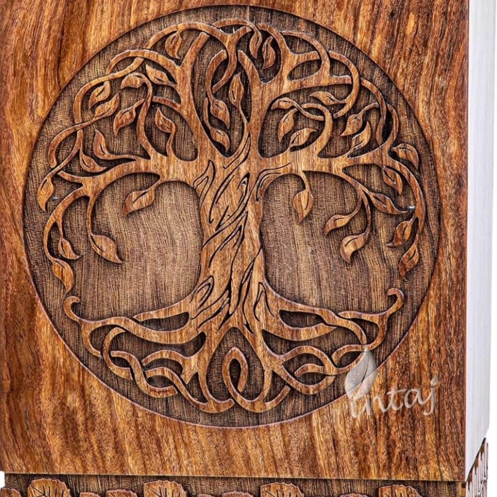 INTAJ Handcarved Wooden Cremation Urn For Human Ashes-Celtic Knot Tree Of Life